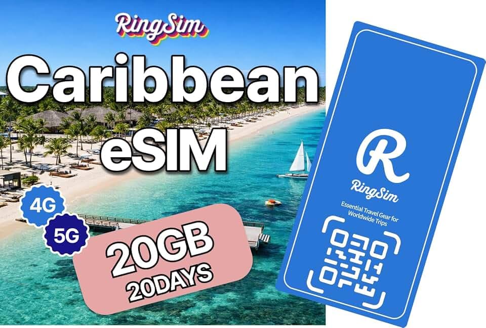 [eSIM] Caribbean Islands eSIM | 20DAYS 20GB | Puerto Rico, Dominican Republic, Jamaica | 5G, 4G/LTE, Tethering, Hotspot | SIM with Instant Activation in 10 Minutes | Travel with Ringsim