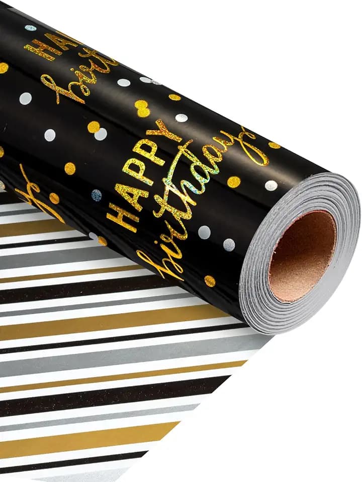 MAYPLUSS Birthday Wrapping Paper Roll, Black Metallic Holographic Happy Birthday Wrapping Paper Featuring Revesible Stripe Gift Wrap Paper for Boys Kids Girls Men, 17 Inches x 33 Feet