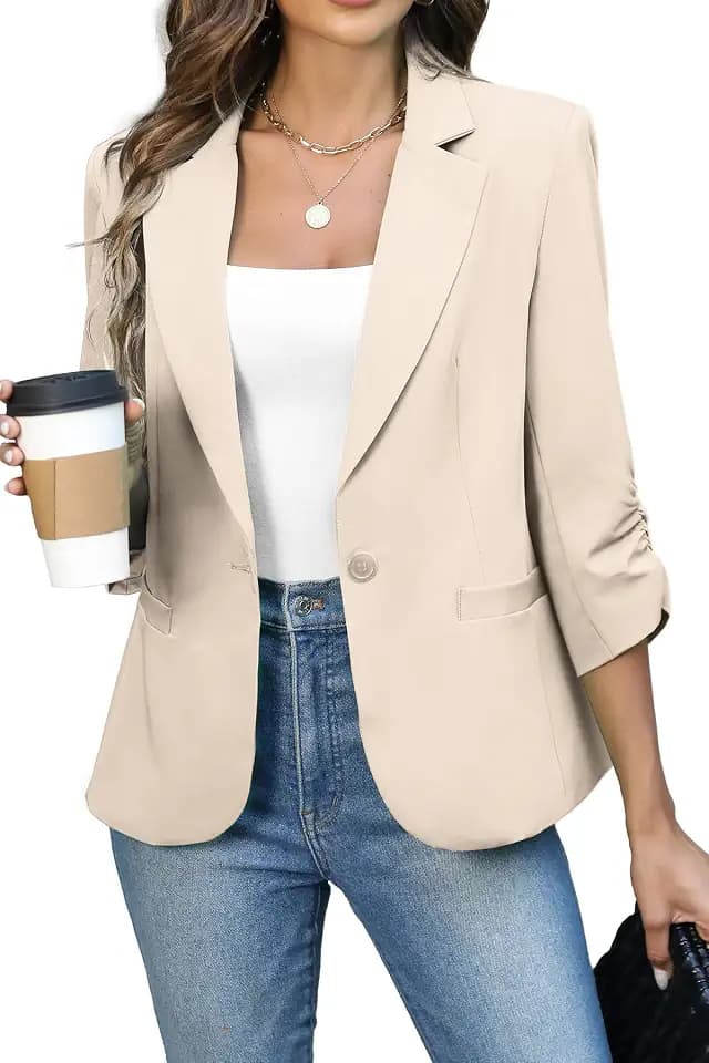 ELLEVEN Womens Ruched 3/4 Sleeve Slim Fit Blazer Khaki XXX-Large