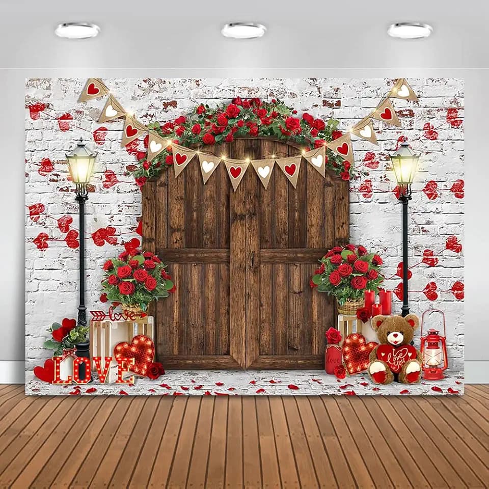Mocsicka Rustic Wood Door Red Roses Backdrop Love Hearts Brick Wall Background Romantic Valentine's Day Party Decoration Supplies Photo Booth Props (8x6ft)