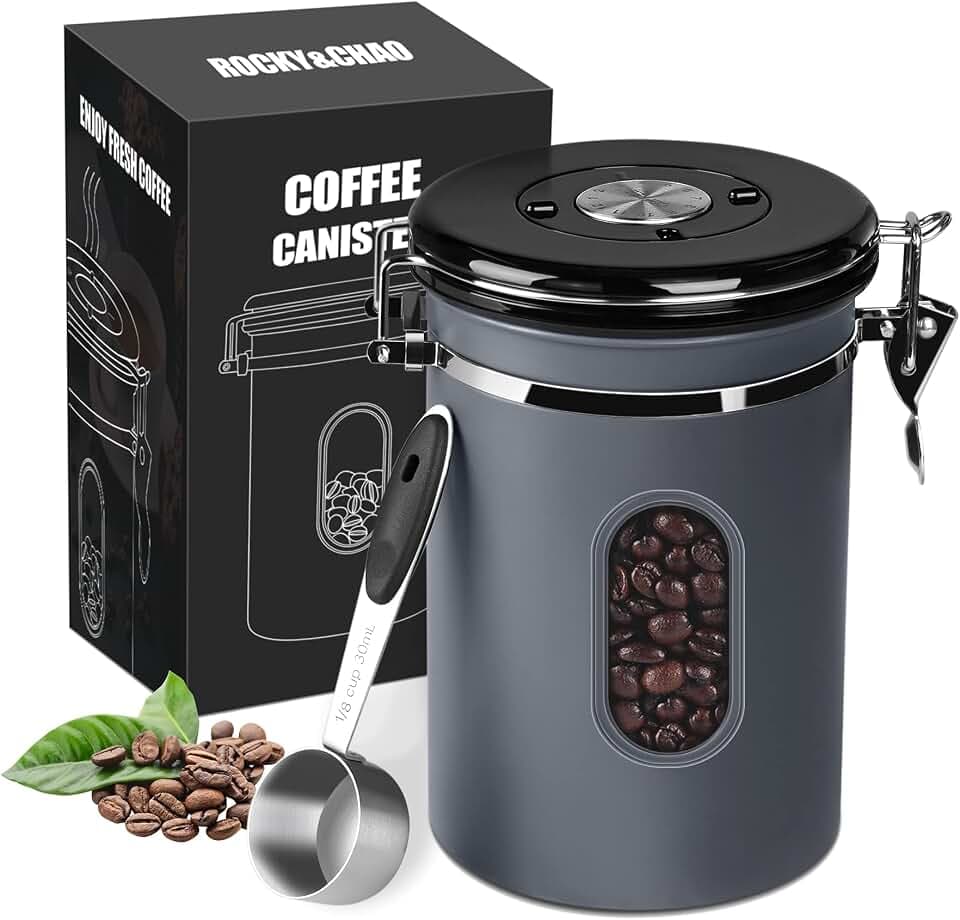ROCKY&CHAO Kaffeedose Luftdicht aus Edelstahl 1,5L Kaffeebhnen Behälter mit Sichtfenster an der Seite Vorratsdose für 500g Tee Nüsse Kakao Länger und Frisch Bleiben（Grau）