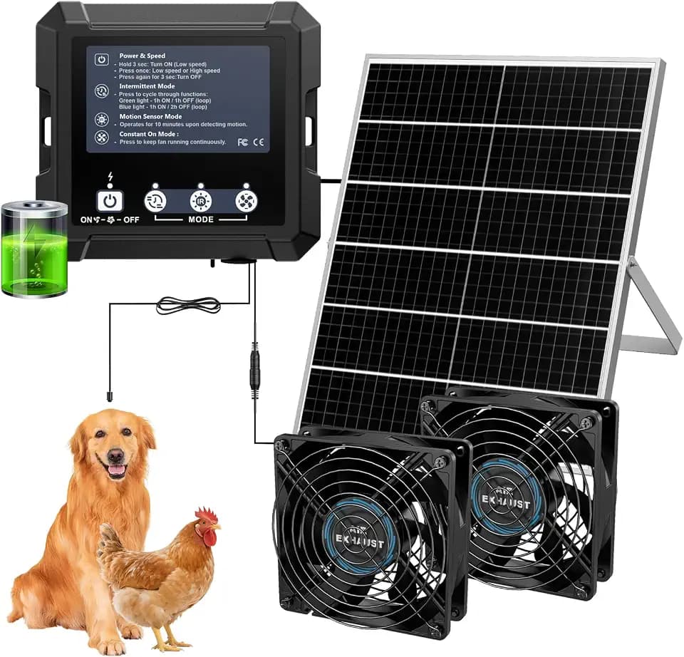 25W Smart Solar Fan for Chicken Coop, Solar Powered Fan for Dog Shed Garage