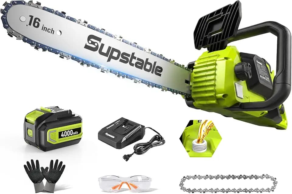 16 Inch Electric Chainsaw Cordless, 2000W Brushless Chainsaw, 4.0Ah Battery & Fast Charger, 40V Electric Chain Saws, Instant Brake, Tool-Free Chain Tension, Auto Oiling for Tree Trimming, Wood Cutting