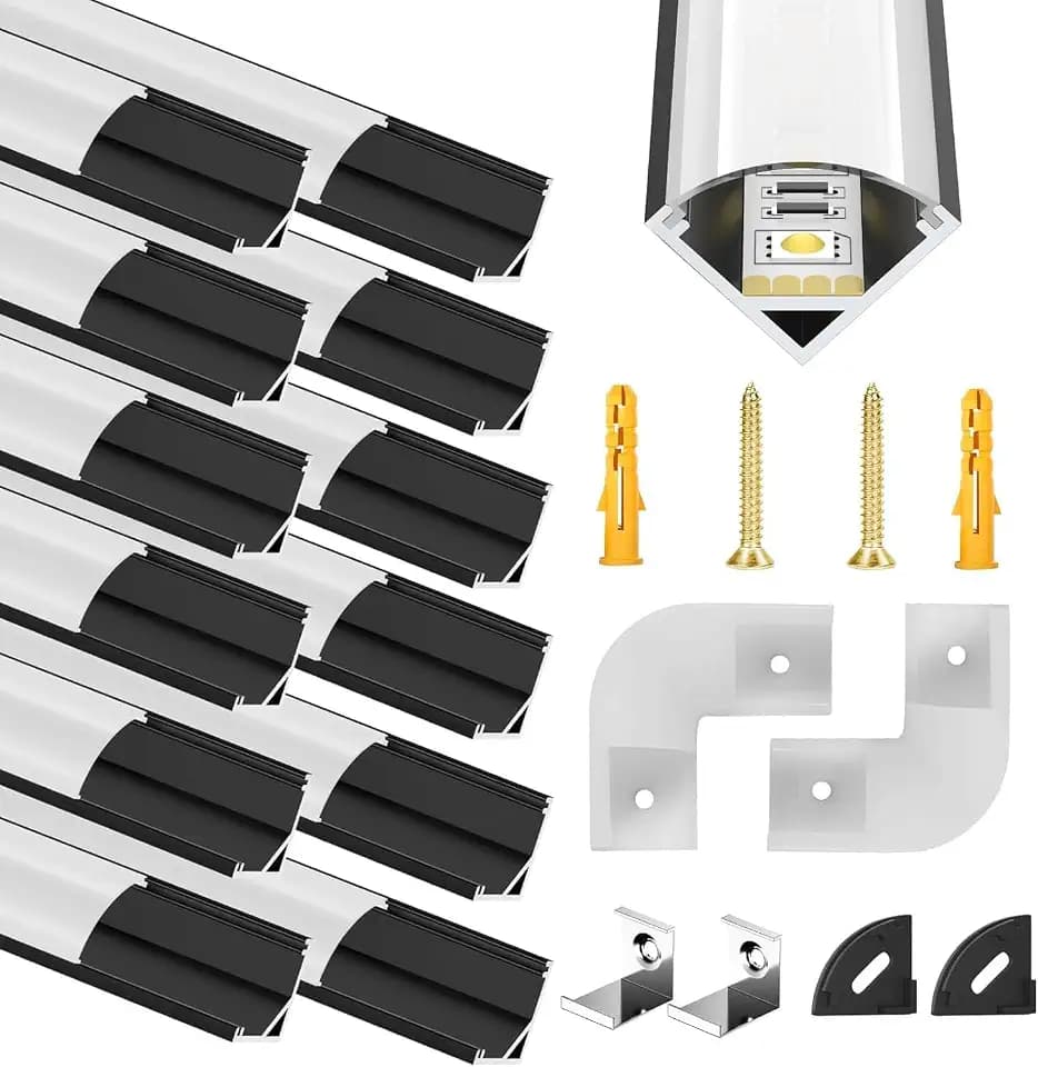 Chesbung 12 Pack LED Kanal Schwarz für 12mm Led Streifen, V Form Aluminium Profil Leiste Schiene Alu Profil, Stripes Aluprofil mit Milchiger Weißer Abdeckung, Strip Diffusor mit 45 Grad Eckverbindern