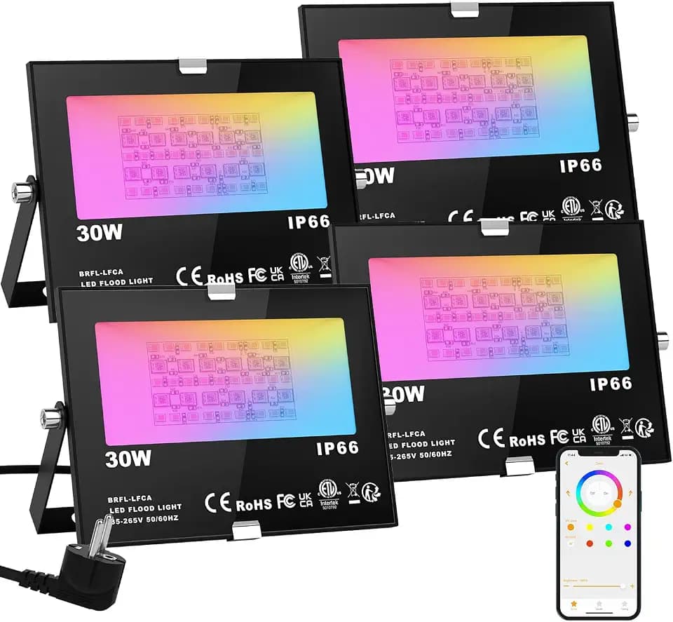 ChangM RGB LED Strahler Fluter Außen Strahler 30W 4 Pack Bluetooth APP-Steuerung 16 million Farben Smart Flutlichtstrahler, IP66 Außenstrahler Wasserdicht Flutlicht, Garten Stimmungslichter