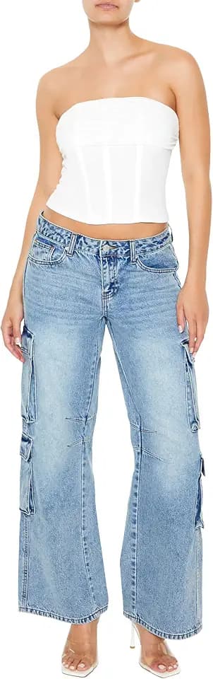 Forever 21 Women's Low-Rise Wide-Leg Cargo Jeans