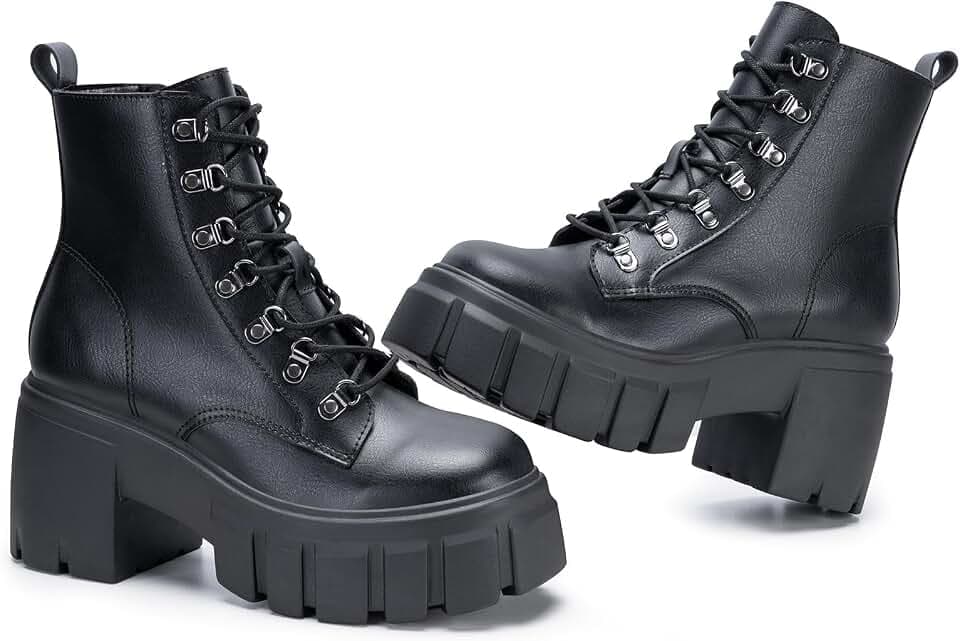 FITORY Womens Combat Boots Ankle Booties Lace up High Heel Chunky Platform