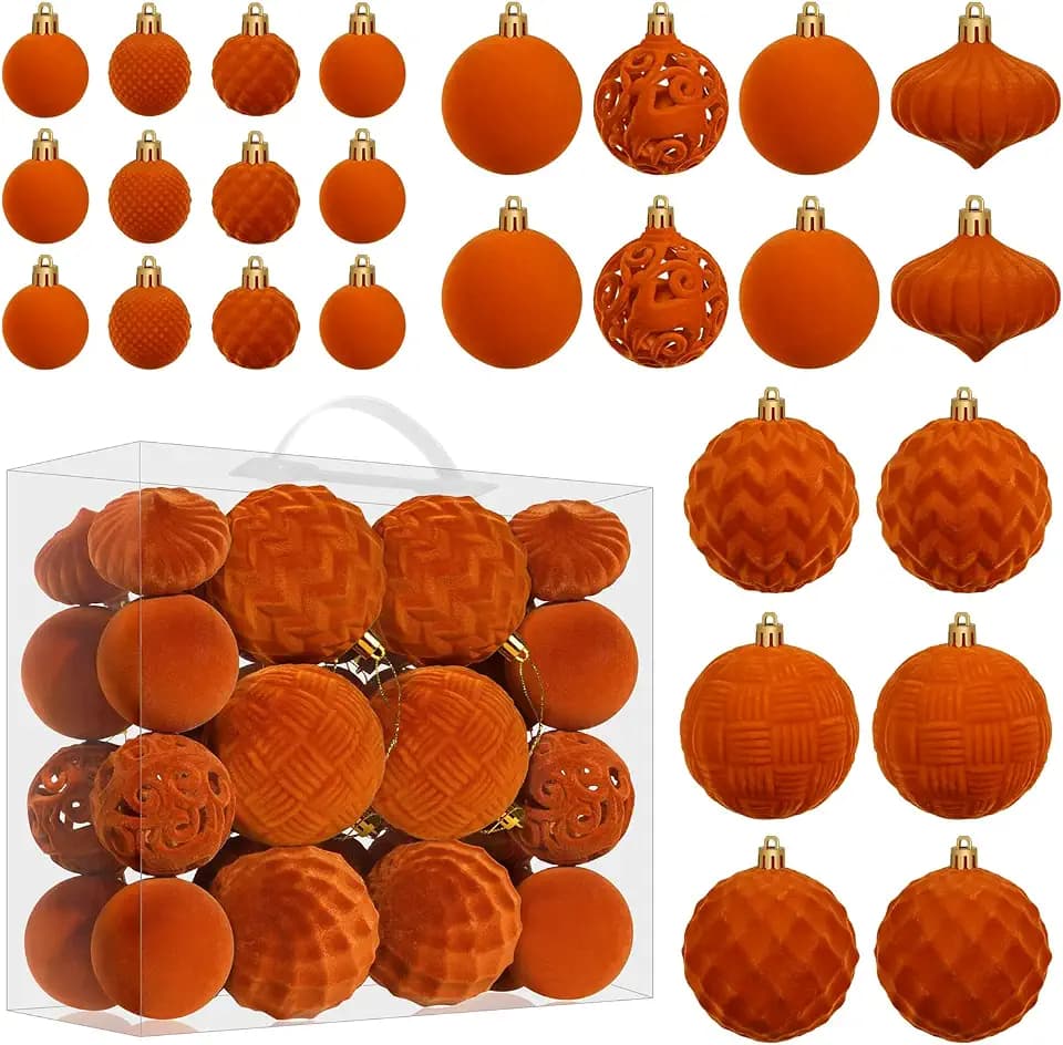 Miaikoe Samt Weihnachtskugel Ornamente Set - 46pcs zerstörungsdicht Plastik Flocked Weihnachtsbaum Kugeln Verschiedene Größen für Weihnachtsfeiertag Dekoration (Orange)