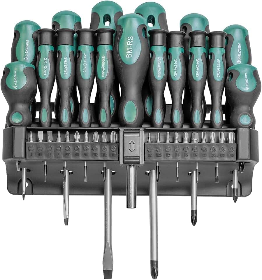 Brüder Mannesmann Schraubendreher- und Bit-Set 37-tlg., ergonomischer Zweikomponentengriff, Chrom-Vanadium-Stahl, vielseitig für Haushalt, Werkstatt und Reparaturen | M11415