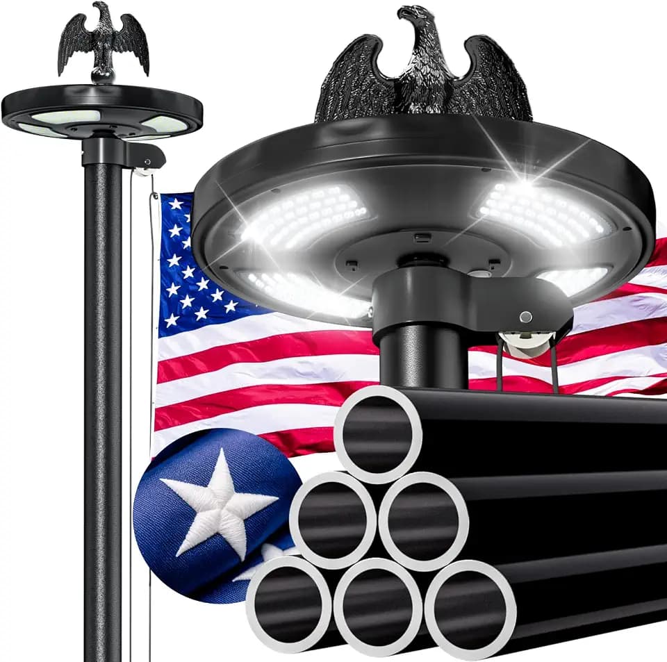 25FT Heavy Duty Flag Pole, 100MPH Wind Tested, 12 Gauge & Solar Light