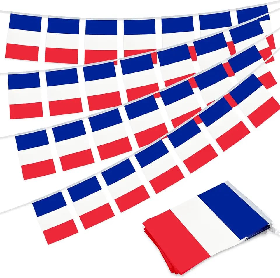 32.8 ft France Flag Banner, 30 Pcs Mini French Country String Flags, Blue White Red FR Bunting for French National Day, Festivals, Parades, Home, Garden, Indoor, Outdoor Decorations