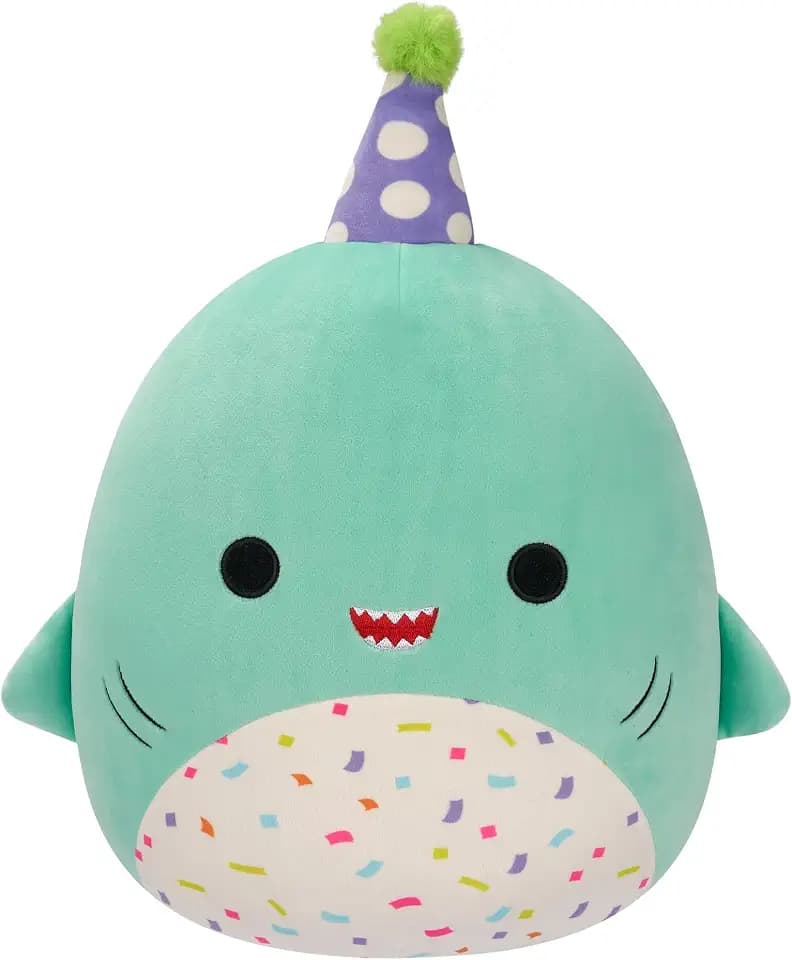 Squishmallows Original 12-Inch Sharon the Teal Shark with Party Hat + Confetti Belly - Official Jazwares “Happy Birthday” Plush (Medium-Sized)