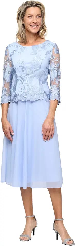 Alex Evenings Women's Plus Size Tea Length Lace Mock Dress