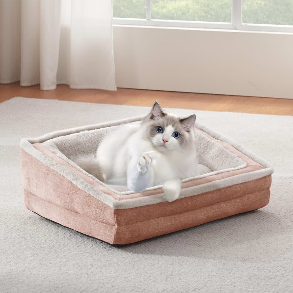 Laojin Balhen Cat Couch for Pets, Washable Cat Beds for Indoor Cats, Super Soft Plush Supportive Dog Couch Bed for Puppy and Kitten with Anti-Slip Bottom, 24inch, Pink
