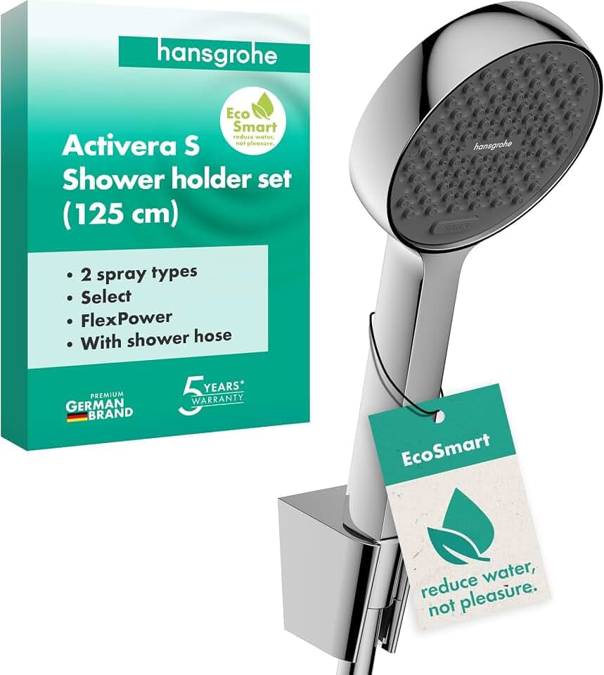 hansgrohe Activera Select S - Duschset mit Duschkopf wassersparend (EcoSmart, 2 Strahlarten), Duschschlauch (1,25 m) und Duschkopfhalterung, Chrom, 28052000