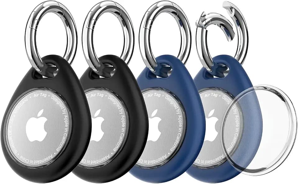 4er Pack Anhänger für AirTag - Stoßfest, Kratzfest TPU Schutzhülle mit Frontabdeckung und Schlüsselanhänger, Rundumschutz Hülle, Case mit Keychain, Waschbares Zubehör- Schwarz und Blau