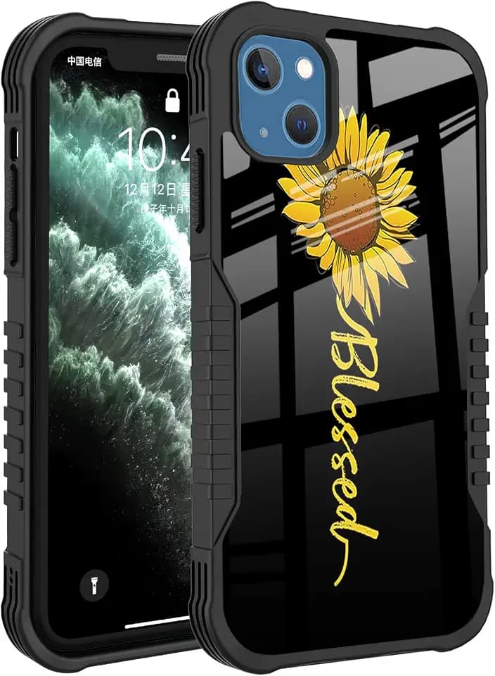 Compatible with iPhone 15 Case for Men Women, Cute Sunflower Blessed Design Heavy Duty Anti Slip Shockproof Hard PC Backplane Soft TPU Prevention Protective Case for iPhone 15