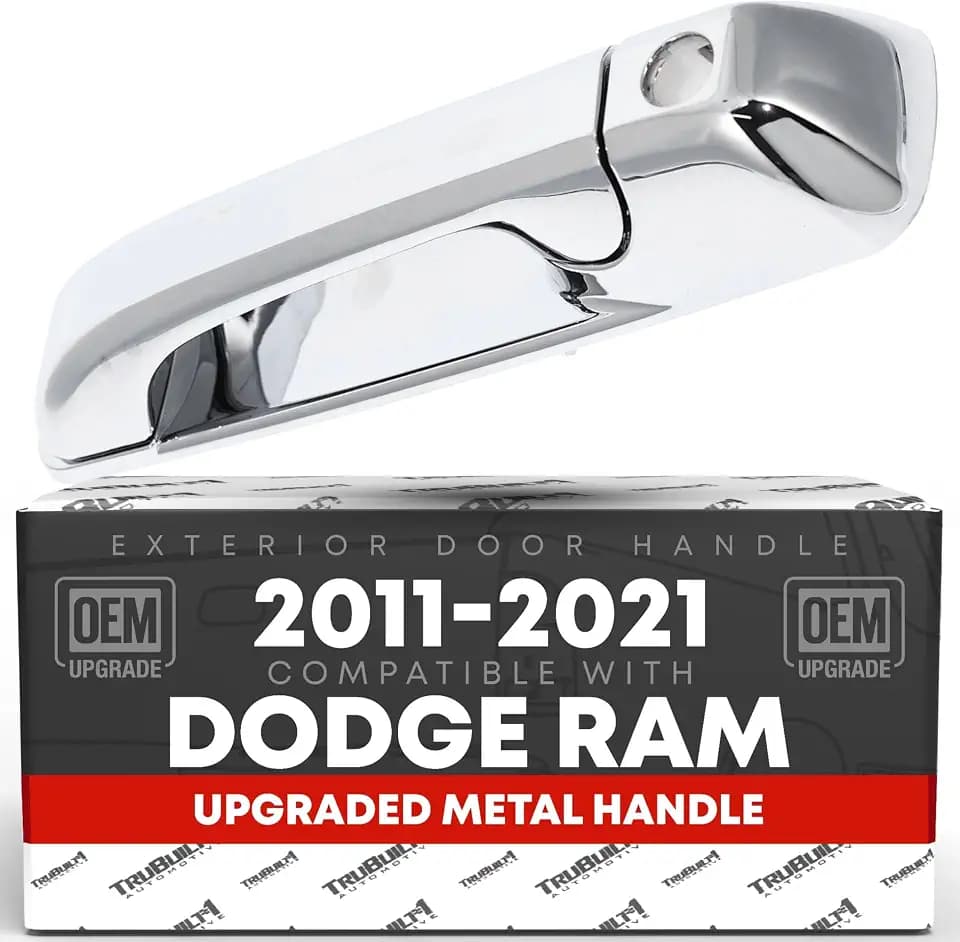 Exterior Front Driver Door Handle, Upgraded Metal - Compatible with 2011-2018 Dodge Ram 1500, 11-20 Ram 2500, 11-21 Ram 3500, Ram 4500, Ram 5500 - All Chrome w/ Keyhole - OEM 55112383AC-ACHMT, 82058