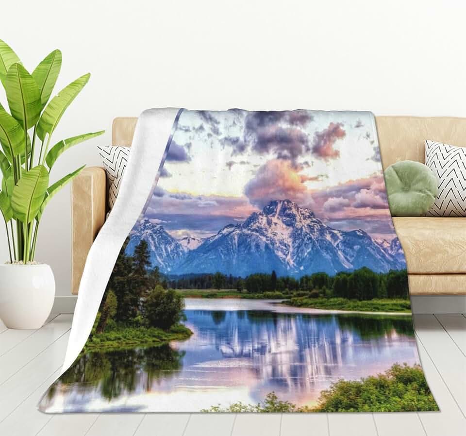 HGOD DESIGNS Mountain Nature Blanket Grand Snowy Mountains See Tree Landscape Green Blue Throw Blanket Decor Cozy Warm for Home Bedroom Sofa Office 100x130cm