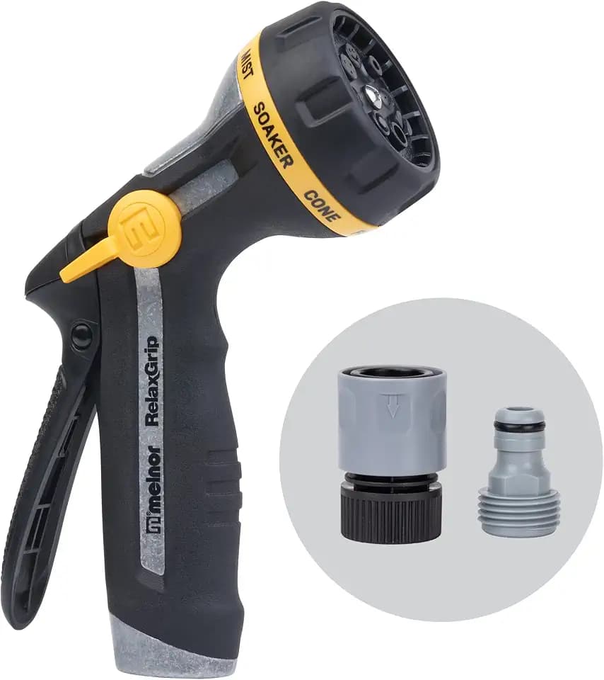 Melnor 65187AMZ RelaxGrip 8-Pattern Hose Nozzle with Quick Connect Bundle, Ergonomic Rear Trigger, Lightweight Water Nozzle, Arthritis Foundation Ease of Use Certified, Black, Yellow