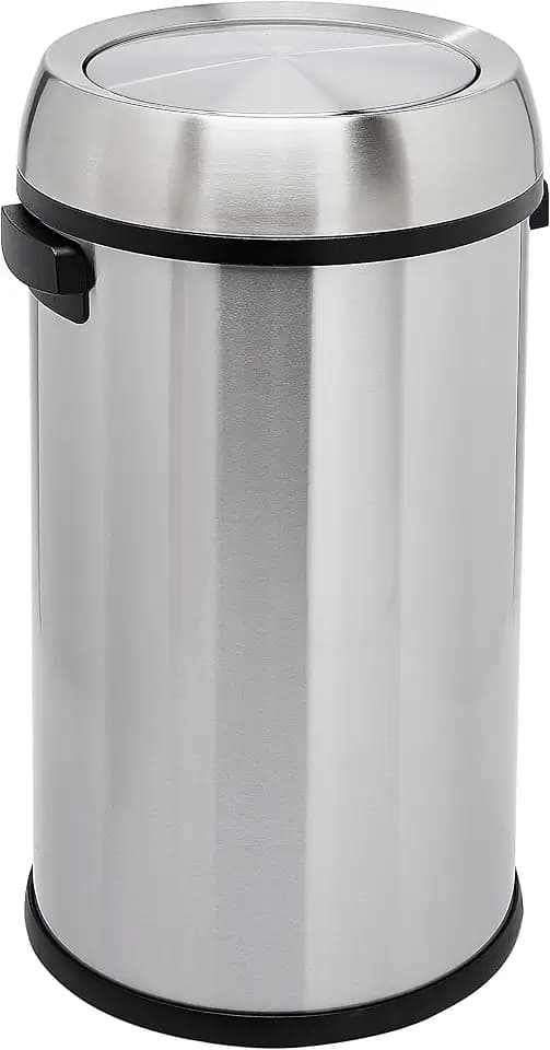Amazon Basics Round Stainless Steel Trash Can with Swing Lid, Fingerprint and Smudge Resistant, 65 Litre/17.2 Gallon, Silver, Black