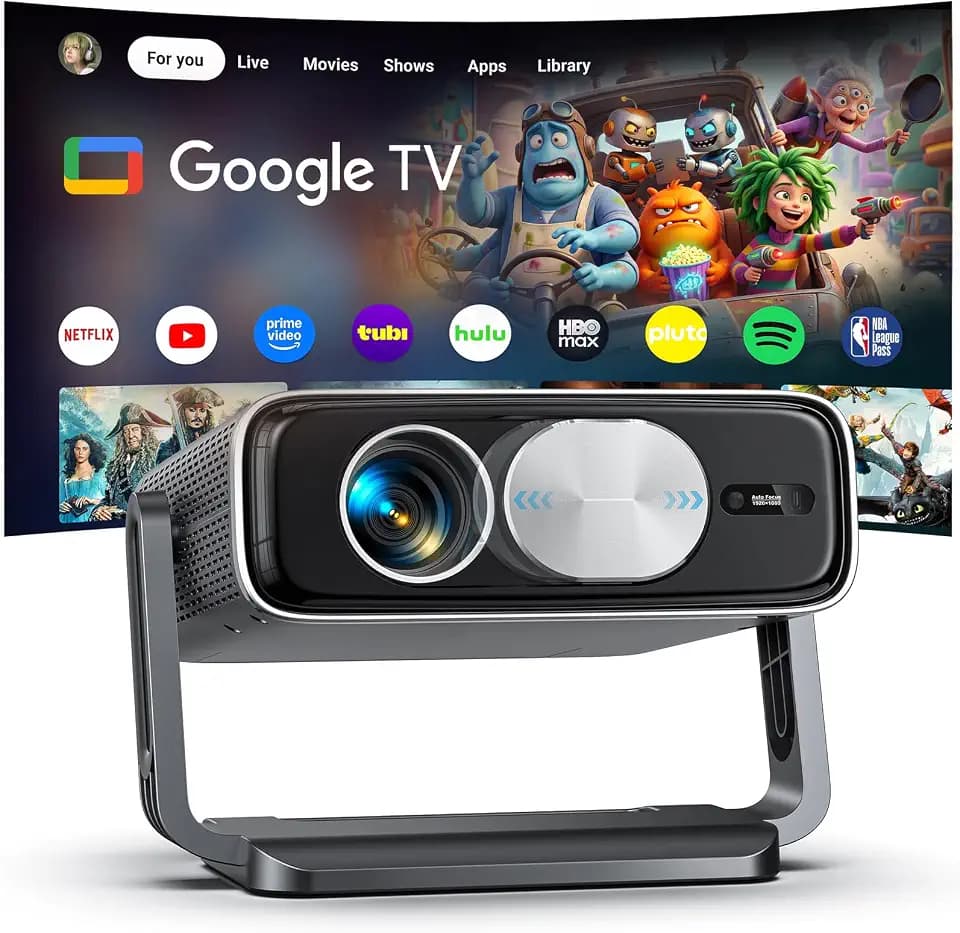Smart Beamer [Google TV Stick ], 3000ANSI Projektor 4K Heimkino mit Netflix - Auto-Objektivabdeckung - Autofokus & 6D Trapezkorrektur, Full HD 1080P, WiFi 6, Tageslicht Projector mit APP für Outdoor