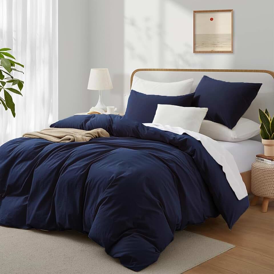 Boqingzhu Bettwäsche 155x220 cm Baumwolle 3-Teilig, ÖKO-TEX, Blau | 100% Baumwolle Renforce, Weich, Uni Dunkelblau, Ästhetik, Reißverschluss, 1x Bettbezug 155x220 cm & 2x Kissenbezug 80x80 cm