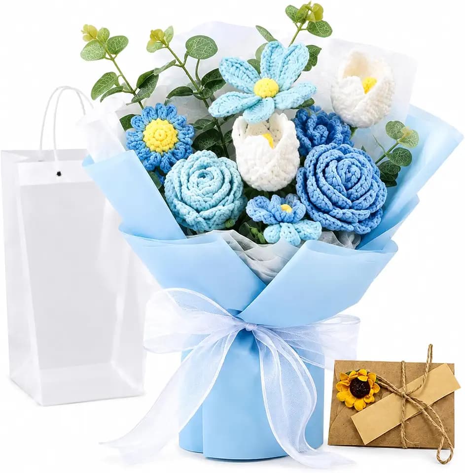 Crochet Flower Bouquet, Artificial Knitted Flowers with Gift Bag
