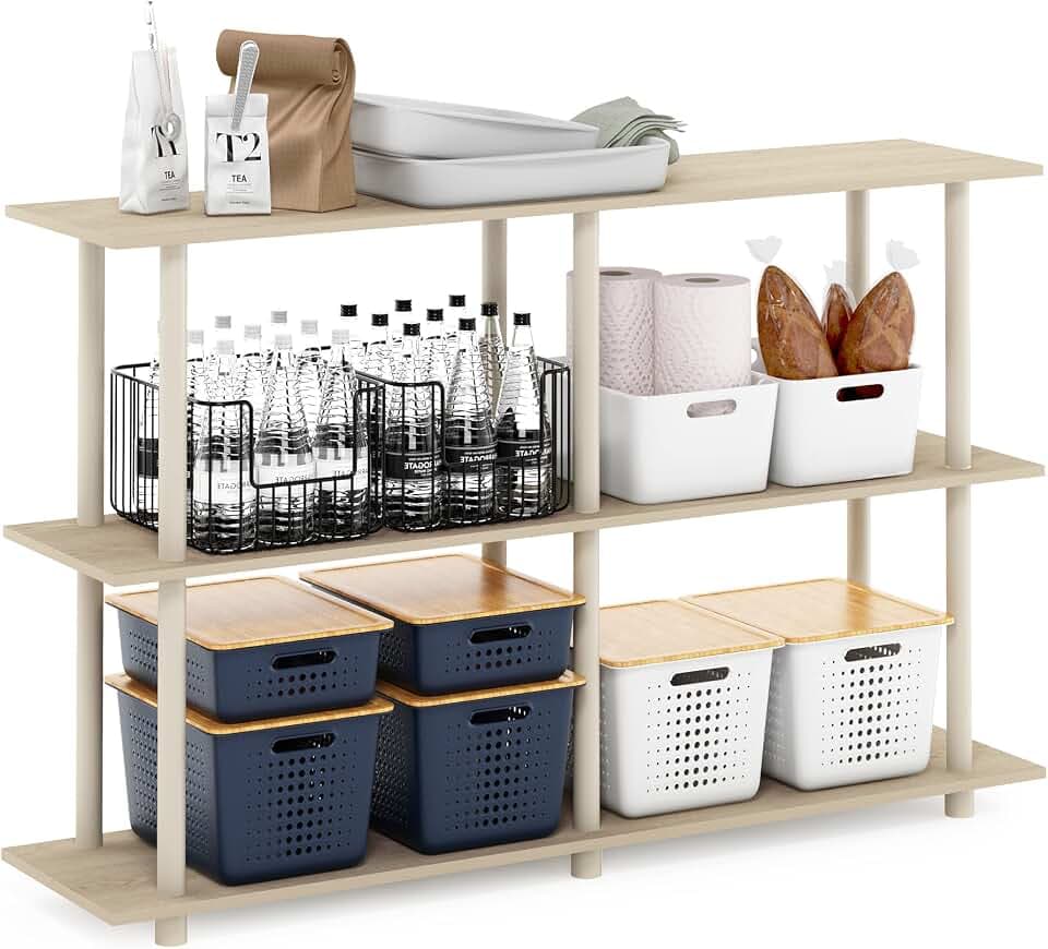 Furinno Turn-N-Tube No Tools 3-stufiges, modernes, rechteckiges Seitenregal, Bauhaus-Eiche/Beige