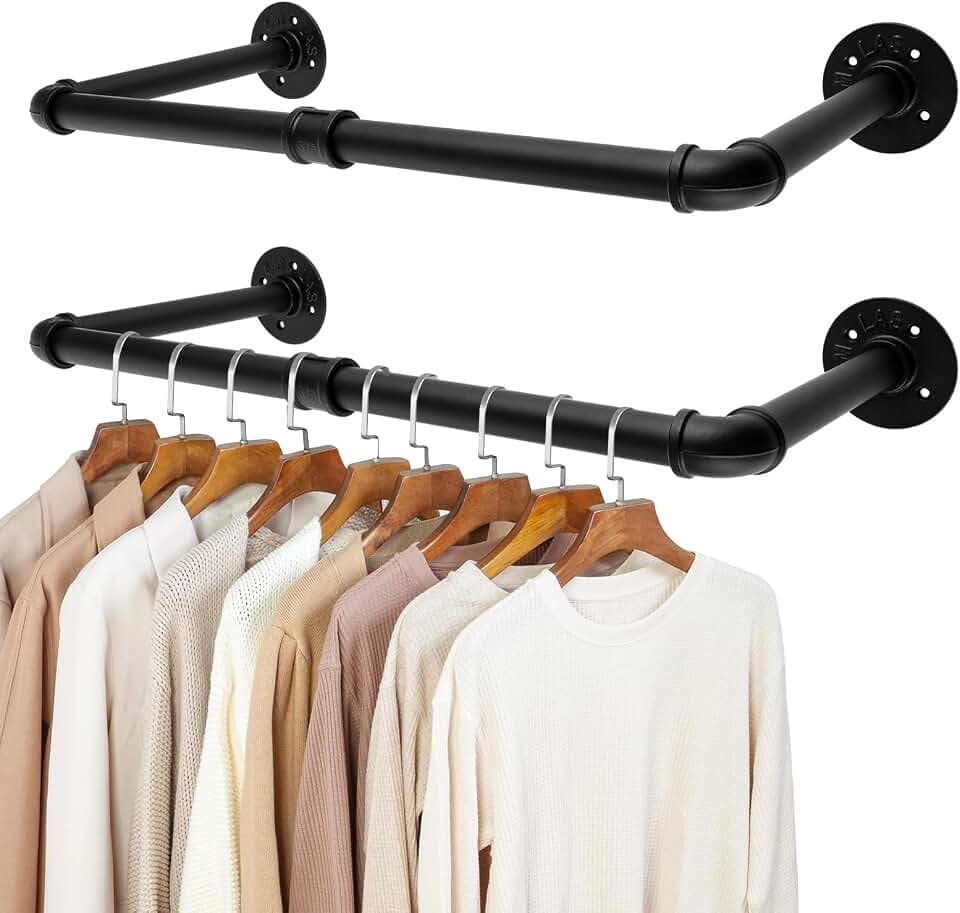 Industrierohr Kleiderstangen für Wand 2er Set, Kleiderstange Wandmontage, Metallkleiderstangen Deckenmontage Schwarz, 61cm Jackenständer Kleiderständer Garderobenstange