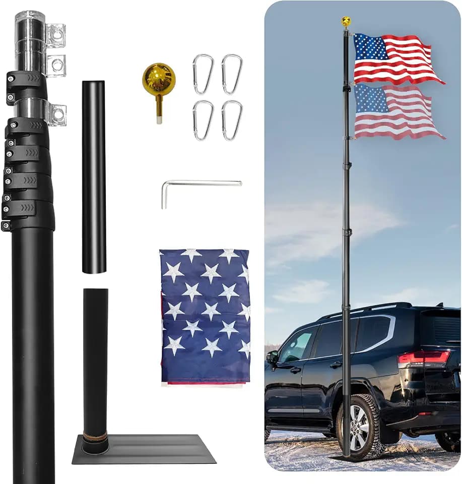 20FT Telescoping Flag Pole with Tire Mount, RV Telescoping Flag Pole with US Flag, Metal Alloy Clips & Dual Flag Mount, Thickened Aluminum Flag Pole for Truck, Trailer & Tailgating