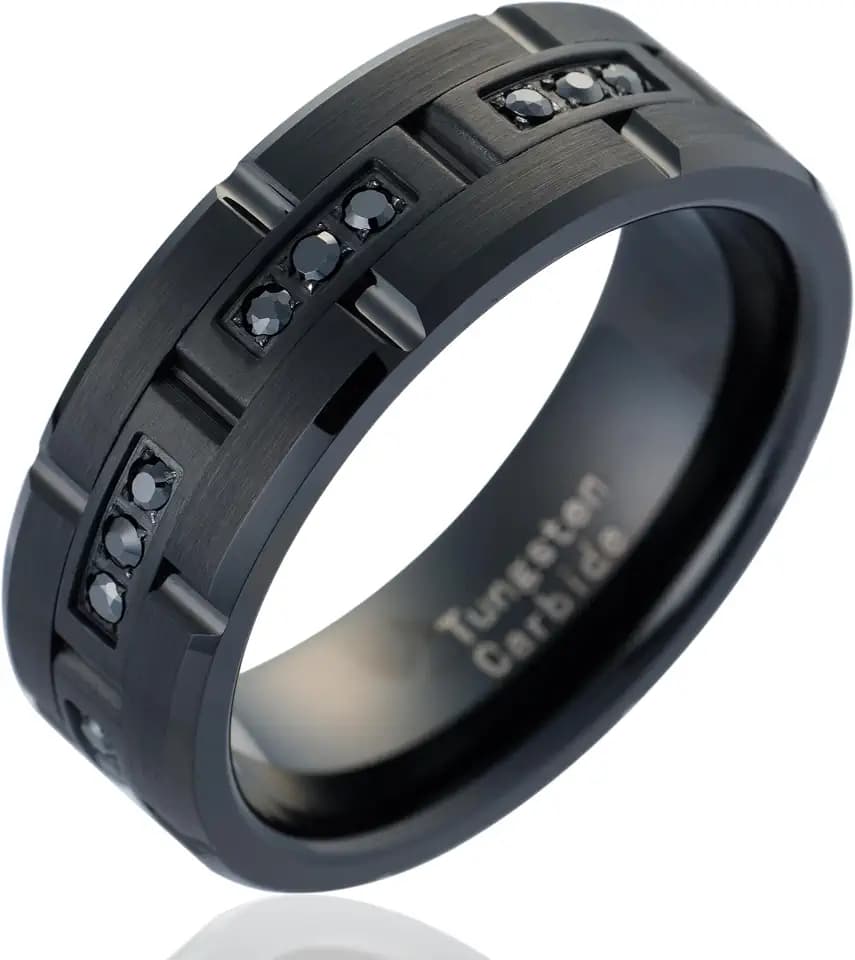 100S JEWELRY Black Tungsten Rings For Men Wedding Band Black CZ Moissanite Inlay Rectangular Shapes Matte Finish Size 6-16