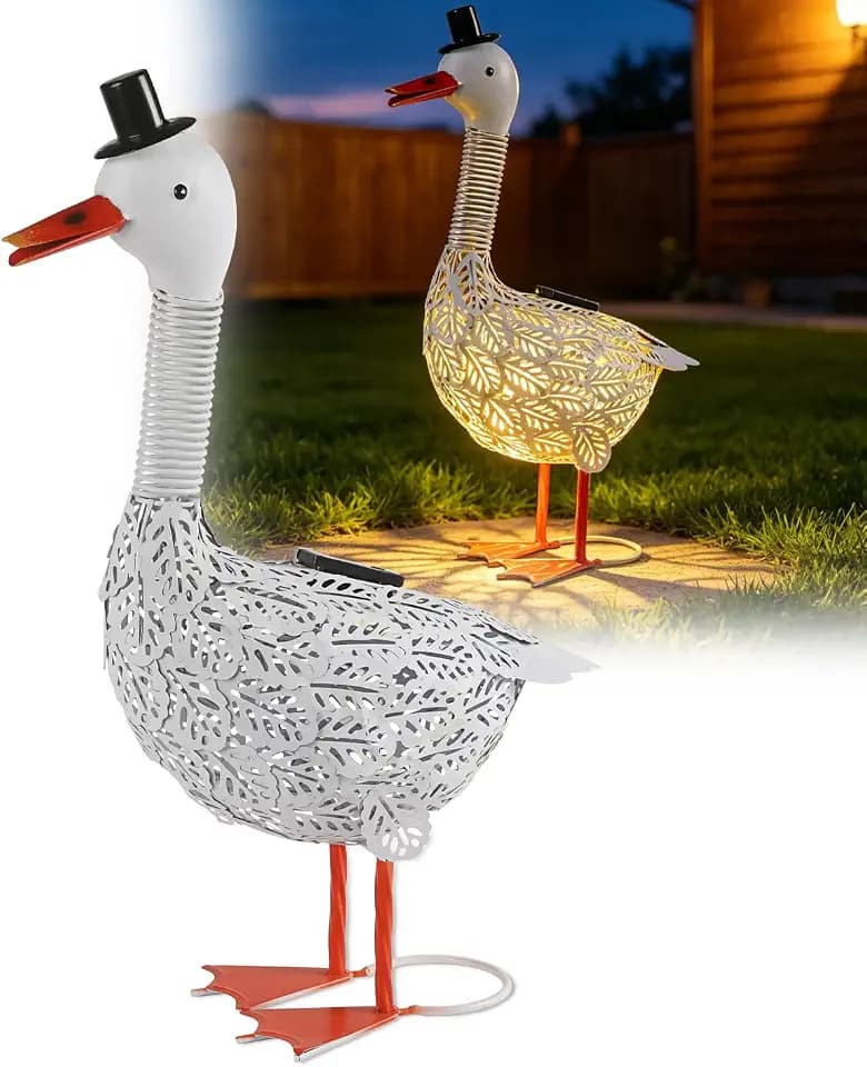 Porch Goose Garden Statue, Solar Metal Goose Yard Statue