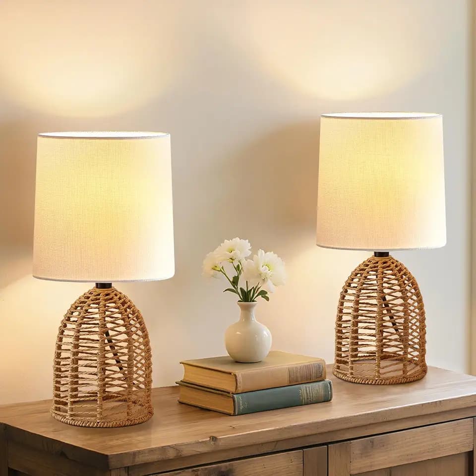 GyroVu Nachttischlampe 2er Set Rattan, Boho Tischlampe, E27 Fassung