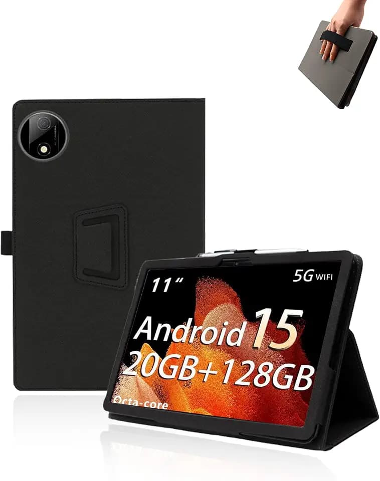 Case for HUIHUANG T5 Tablet 11 inch Android 15 Tablets,UYRUREL Leather Slim Folding Stand Cover with Hand Strap Magnet for Men Women Full Protection,Black.