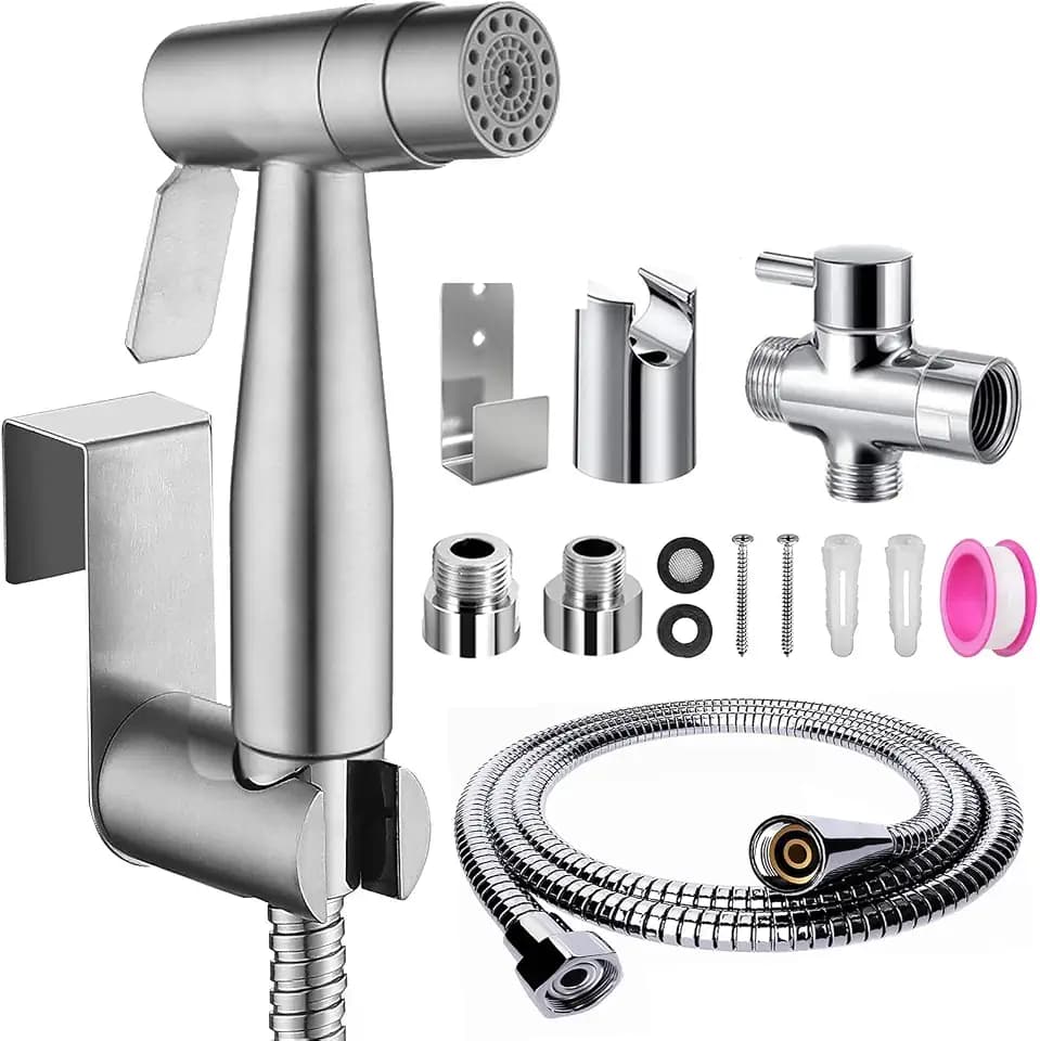 Handbrause Bidet Set, Doppelte Funktion Gebürstet Bidet Handbrause mit G1/2" T-Ventil und eine G3/8" Toilette Adapte Waschen Edelstahl Duschkopf Windel Dusche Tierbad