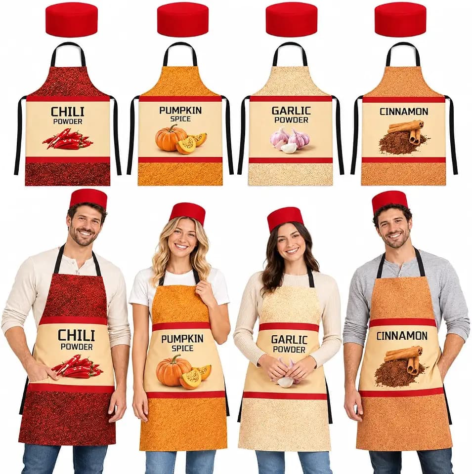 8 Pcs Halloween Spice Costume Set 4 Funny Aprons and 4 Red Hats Pumpkin Spice Chili Powder Cinnamon Garlic Powder Group Costume for Adults Friends Cooking Party