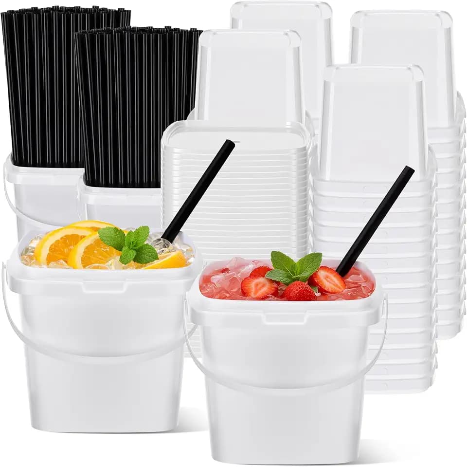 SiliFine 100 Pack 17 oz Plastic Drink Buckets with Lids and Straws