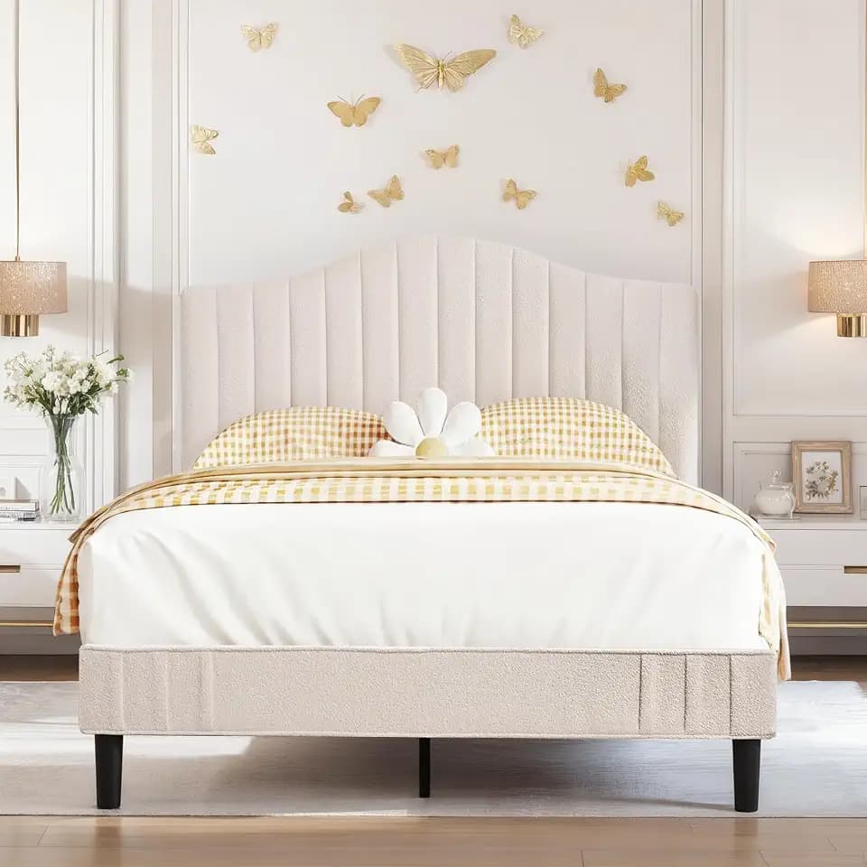 VECELO Gepolstertes Doppelbett, 140 x 190 cm, Teddy-Stoff, Lattenständer aus robustem Holz, einfach zu montieren, geräuschlos, kein Lattenrost erforderlich, Beige