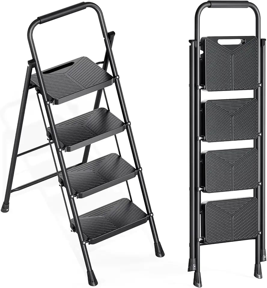 KINGRACK 4 Step Ladder, Portable Folding Ladder with Anti-Slip Pedals
