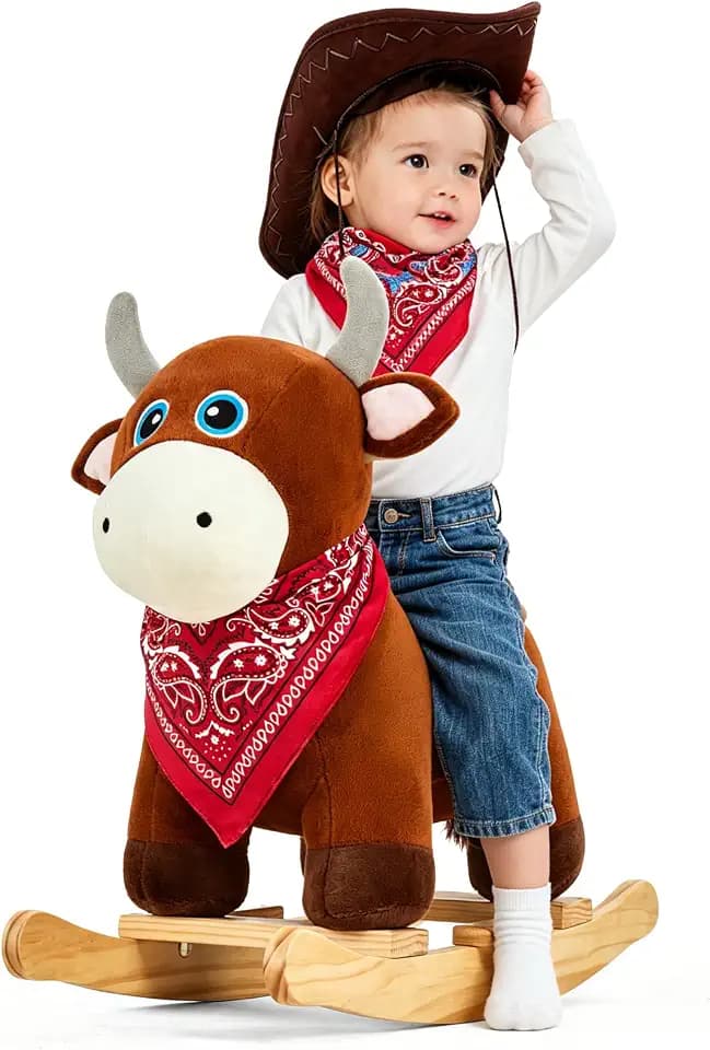 FUNLIO Bull Rocking Horse Ages 1-3, Wild Baby Rocking Horse with Cuddly Head & Bright Sparkling Eyes, Stuffed Plush Ride-on Baby Rocker, Easy to Assemble, CPC & CE Certified