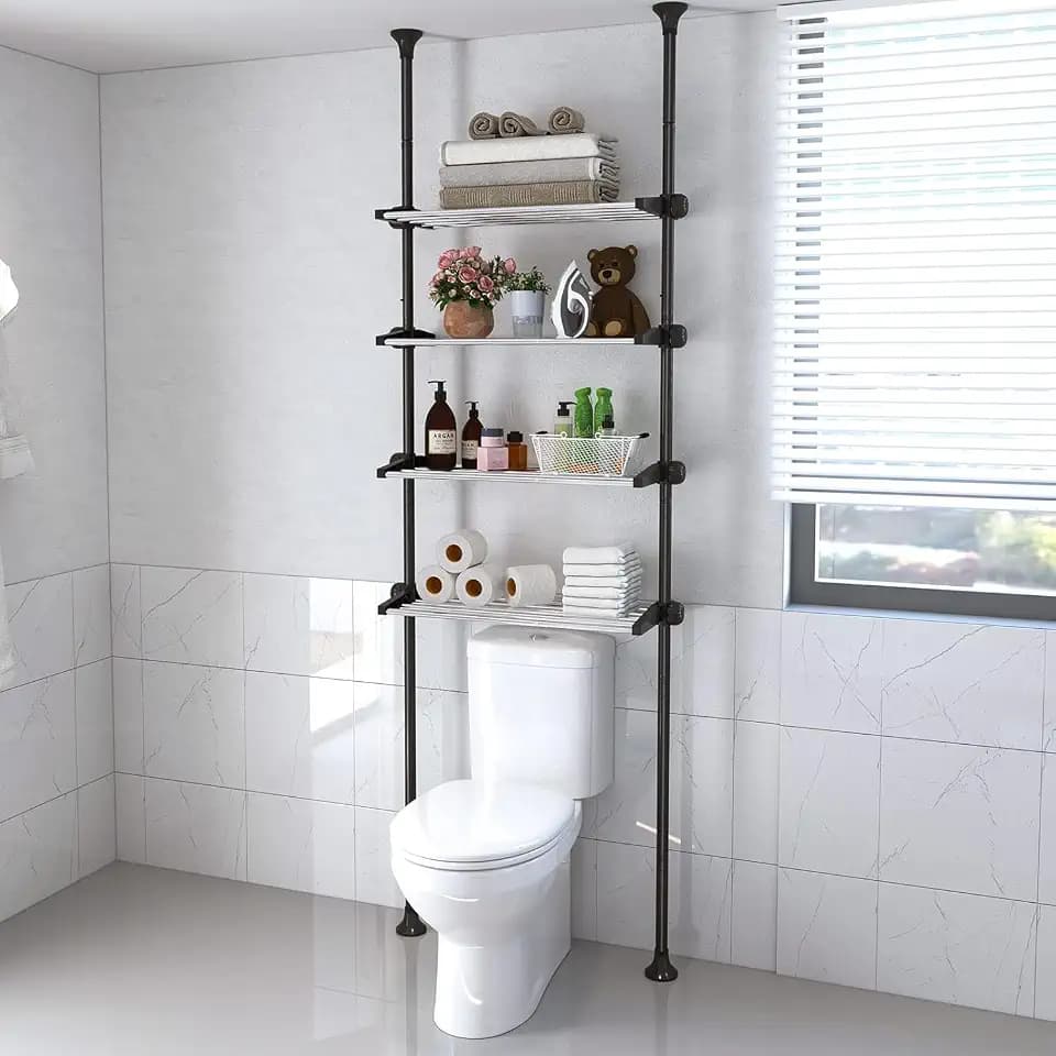 Toilettenregal,Regal über Toilette mit 4-stufigen verstellbaren Regalen,Platzsparend WC ÜDoppelspannstange Standregal Bad Regal Organizer Kleiderbügel Stangen Ohne Bohren, 295x58x25.cm,Schwarz