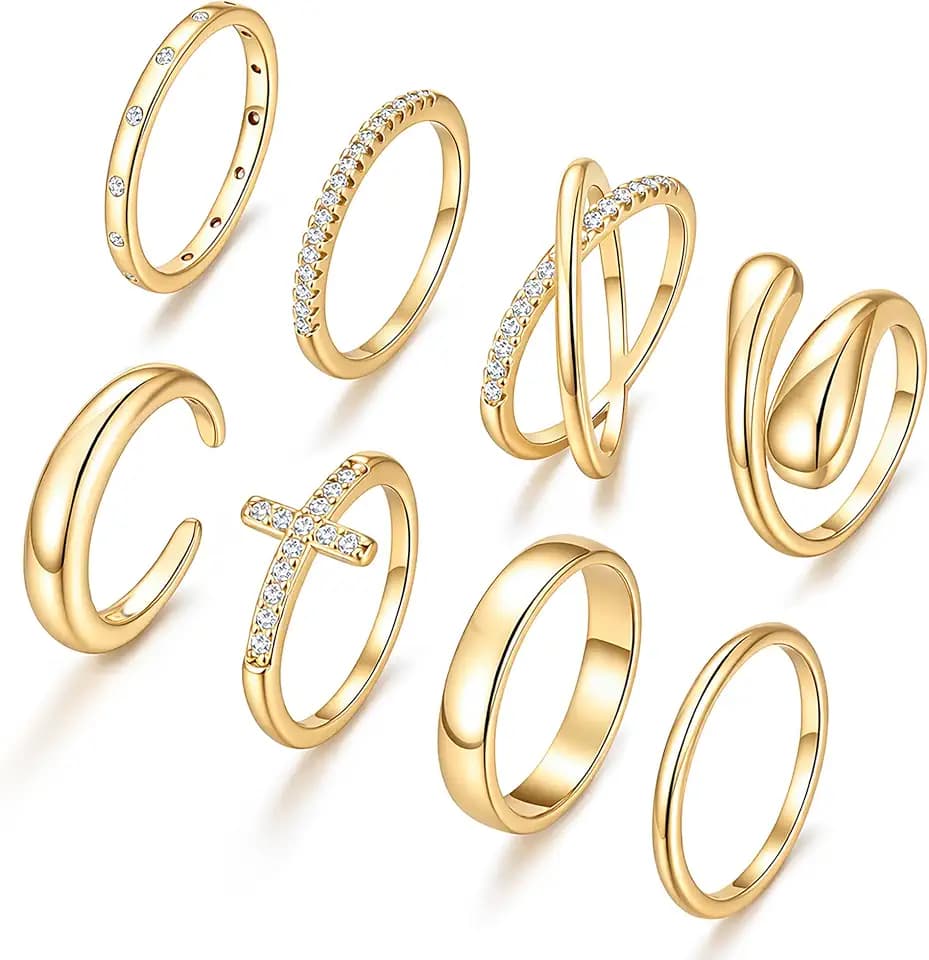 iF YOU Non Tarnish Chunky Gold Rings for Women, 14K Gold Plated Dainty Stackable Cross Cubic Zirconia Ring Set, Knuckle Stacking Pinky Thumb Ring Statement Wedding Bands Jewelry Size 4.5-10