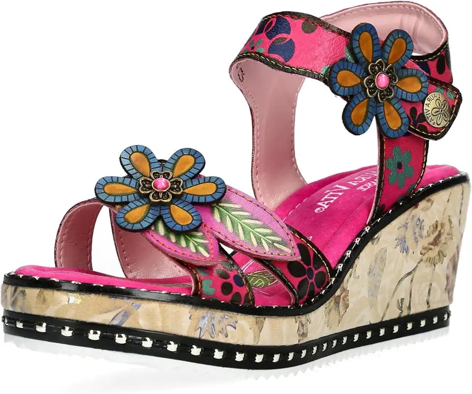 Laura Vita Damen Sandalette Plateau und Keilabsatz Blütenapplikation Ballon 08