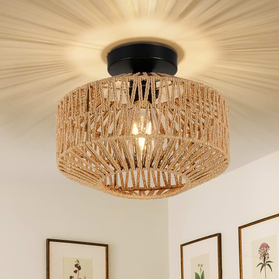 Rayofly Deckenleuchte aus Rattan Pendelleuchte Boho mit Rattanschirm im Vintage Stil Bambus, Rustic Deckenleuchte aus Rattan, für Wohnzimmer, Schlafzimmer, Küche, Flur