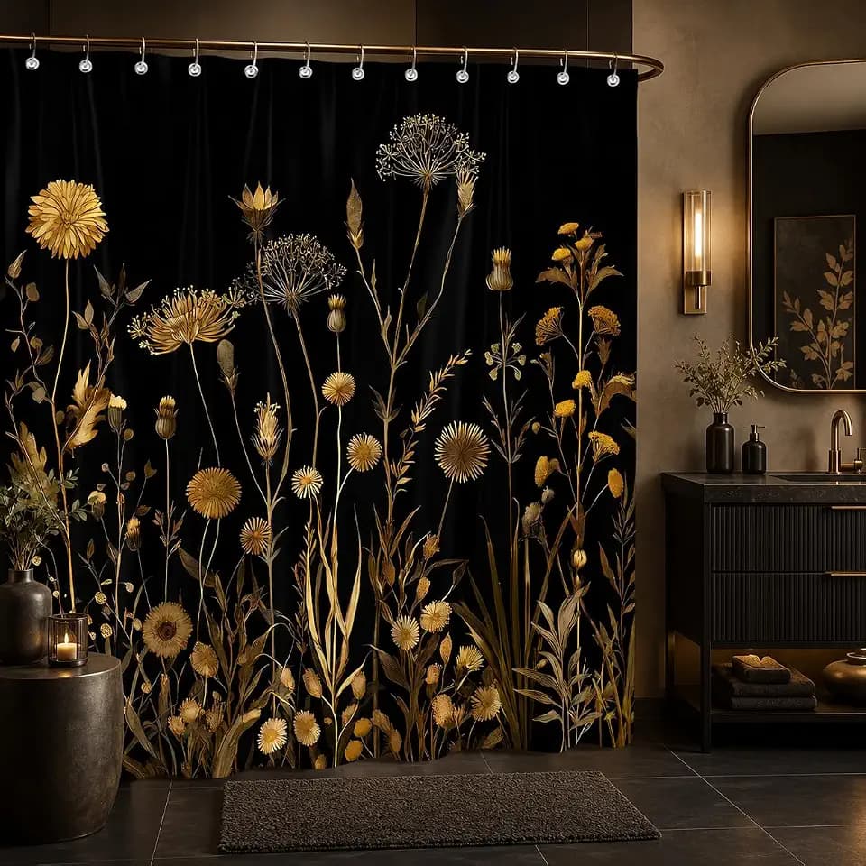 Vintage Black and Gold Floral Shower Curtain, Dark Black and Tan Goth Flowers Wildflower Aesthetic Bathroom Decor Rustic Farmhouse Botanical Plant Art Printed with 12 Hooks 72X72inch