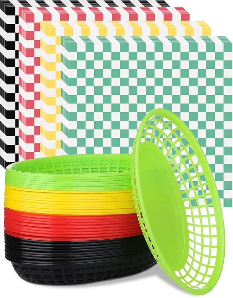 40Pack Reusable Plastic Food Baskets with 100 Paper Liners, 4 Colors