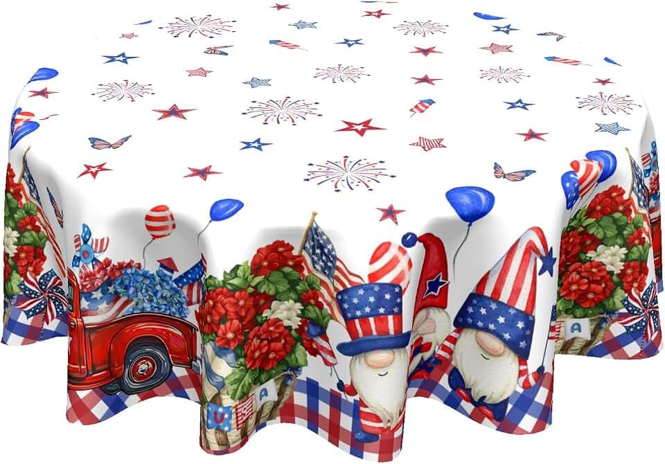 4th of July Tablecloth Round 60 Inch Independence Day Gnome Truck Table Cloth Circle Patriotic American Flag Star Memorial Day Washable Reusable Polyester Table Cover for Dining Kitchen Party Decor