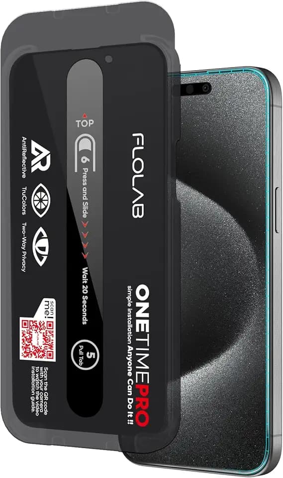 FLOLAB NanoArmour ONETIME PRO for iPhone 15 Pro Privacy Screen Protector, Anti-Reflective, 3D Edge-to-Edge, Anti-Spy Tempered Glass, Reinforced Edges, Durable, Smooth, Easy Install, Dust-Free