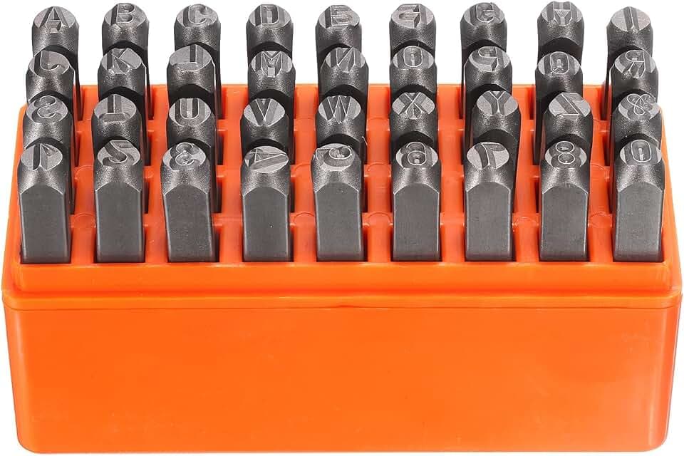 HARFINGTON 36pcs Metal Stamping Kit 1/4" (6mm) Steel Uppercase Letter and Number Punch Set (A-Z / 0-8 / "&" Symbol) Punch Press Tool with Case for Imprinting Metal Plastic Wood Leather
